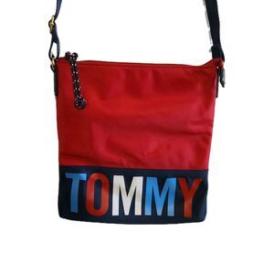 Tommy Hilfiger Women's Red And Navy Blue Nylon Crossbody Bag Adjustable Strap